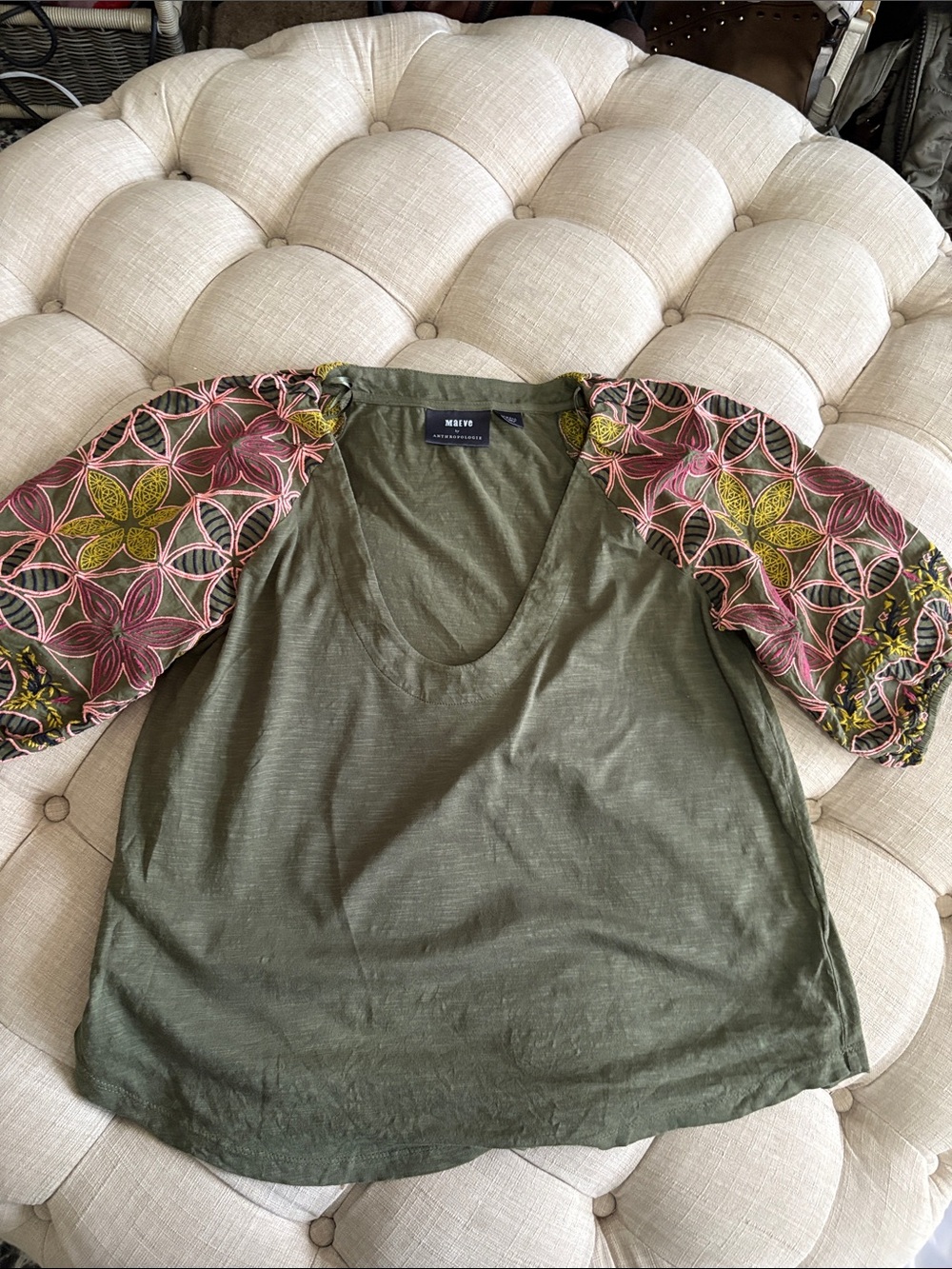 Anthropologie Olive Green Tee with Pink and Yellow Embroidered Puff Sleeves